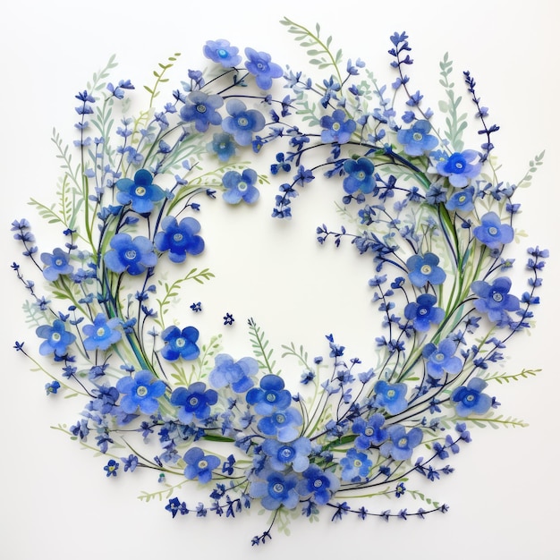 Fleurs délicates sur une toile blanche Une couronne artistique de petites fleurs bleues à l'aquarelle inspirée de