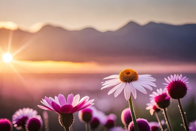 fleurs devant un coucher de soleil