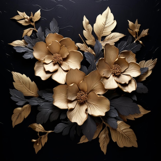 Photo fleurs dorées avec des feuilles sur fond noir