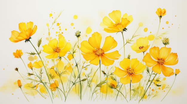 Les fleurs du cosmos jaunes se mélangent à l'aquarelle peinte