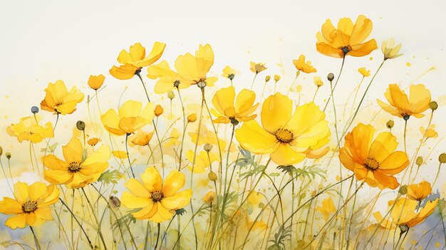 Les fleurs du cosmos jaunes se mélangent à l'aquarelle peinte