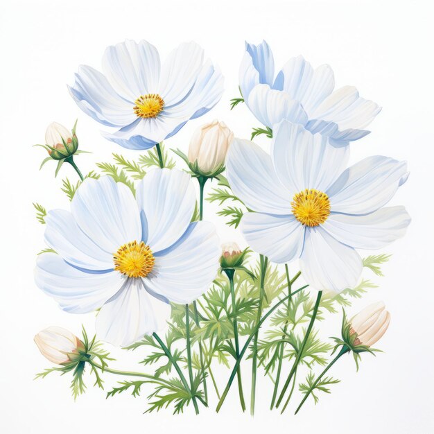 Photo les fleurs du cosmos peinture à l'aquarelle jardin blanc fleurit sur un fond blanc