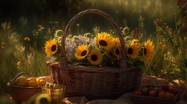 Fleurs du soleil dans le panier sur la table