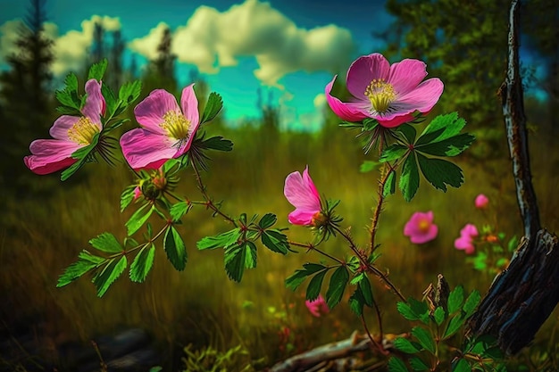 Fleurs d'églantier rose vif contre le ciel dans une prairie forestière au printemps créée avec une IA générative