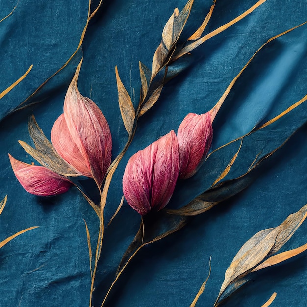 Fleurs élégantes avec feuille d'or et brindilles sur fond clair