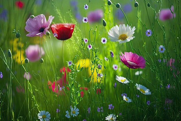 Fleurs épanouies dans l'herbe verte brillante de la prairie de fleurs au printemps créée avec une IA générative