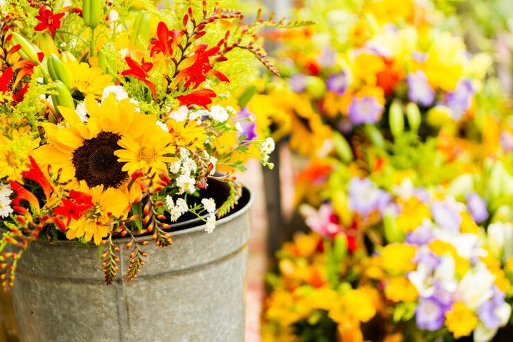 Photo fleurs d'été au marché fermier local.