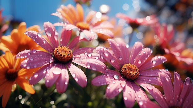 fleurs d'été du matin fleurs de jardin colorées au lever du soleil gouttes d'eau de rosée