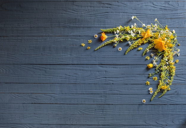 Fleurs d'été jaunes sur bois bleu