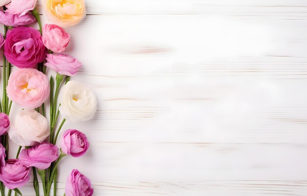 Fleurs d'Eustoma colorées sur une table en bois blanche, lumière douce