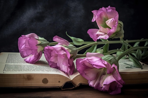 Fleurs d'Eustoma sortant d'une page de livre vintage