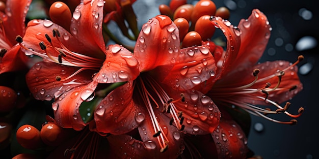 Des fleurs et des feuilles d'une beauté imprégnées de gouttes d'eau