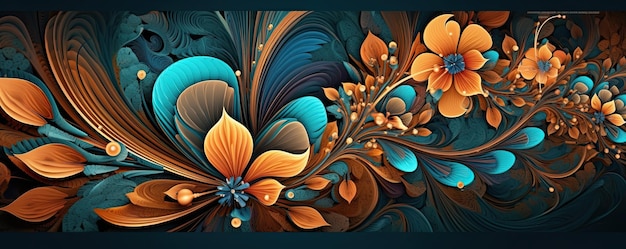 Fleurs et feuilles colorées orange et bleues Bordure horizontale florale répétitive AI générative