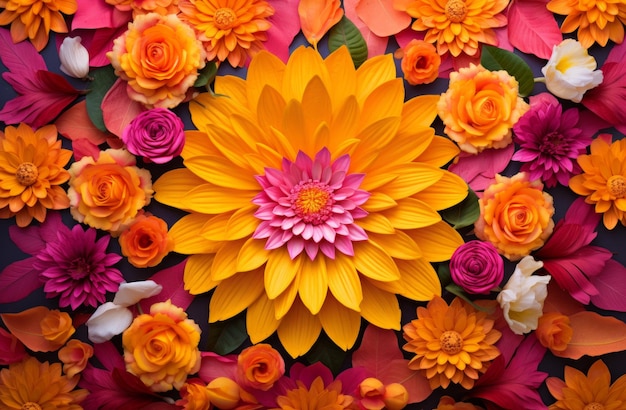 Les fleurs et les feuilles créent un magnifique design de rangoli décorations colorées de holi ornements festifs concept de célébration