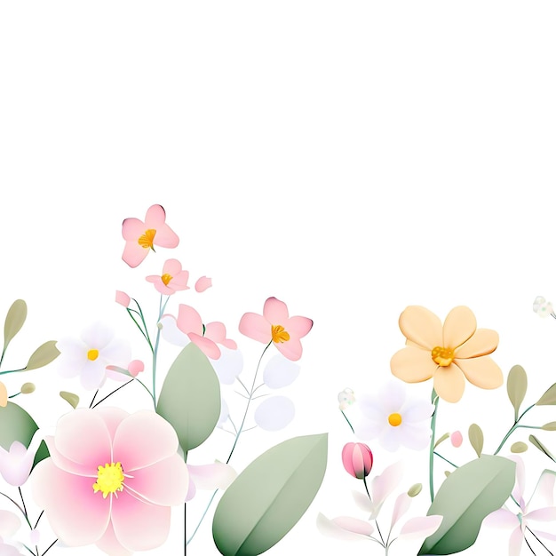 Fleurs et feuilles mignonnes réalistes sur fond blanc avec espace négatif