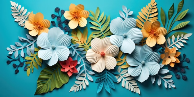 Des fleurs et des feuilles de papier colorés posés à plat artisanat AI génératif