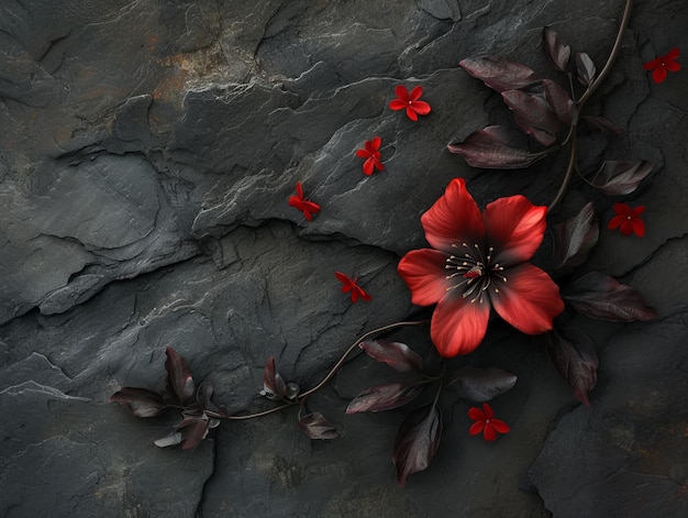 Des fleurs et des feuilles rouges sur un fond de pierre sombre texturé