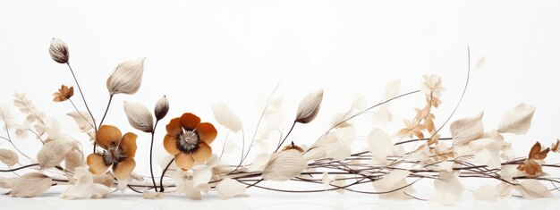 Photo fleurs et feuilles séchées sur un fond blanc plat