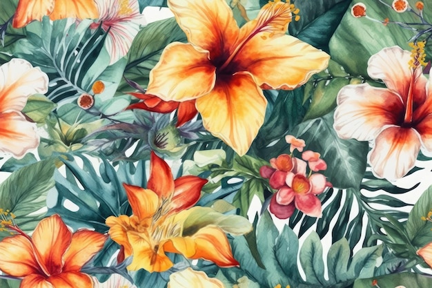 Fleurs et feuilles tropicales dans le style de peinture à l'aquarelle AI générative