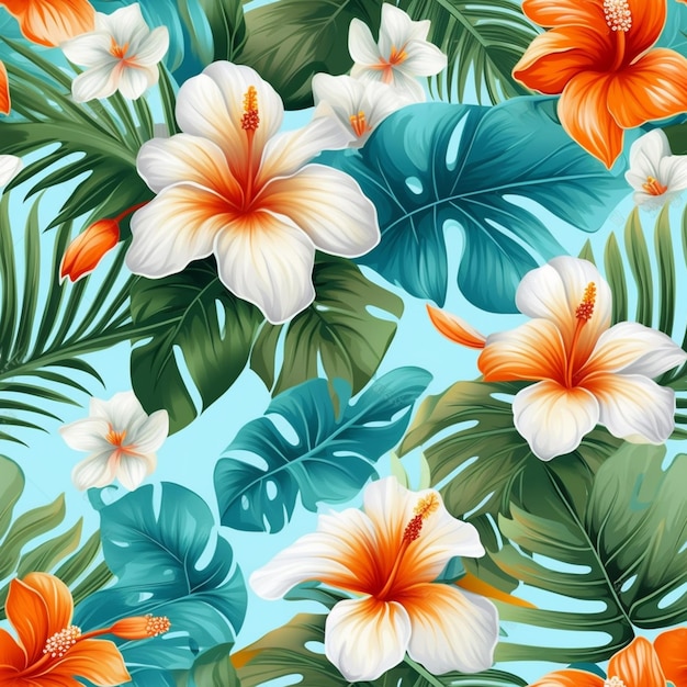 Fleurs et feuilles tropicales fond transparent ai génératif