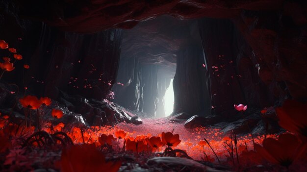 Fleurs fines rouges enneigées la grotte faiblement éclairée belle image art généré par Ai