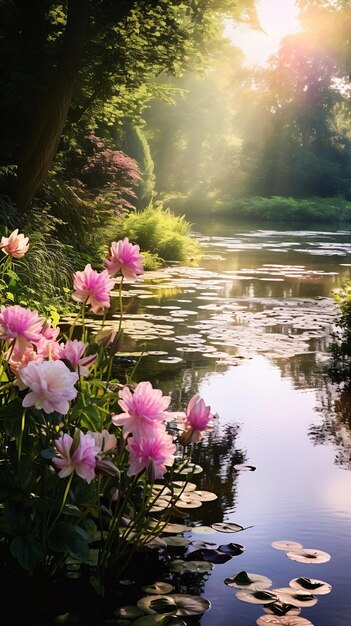 Des fleurs fleurissent près d'un étang au soleil du matin.