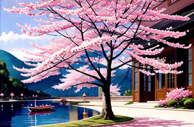 Fleurs de fleurs de cerisier rose qui fleurit au printemps sakura pâques paysage généré par ai pour les histoires de livres pour enfants contes de fées