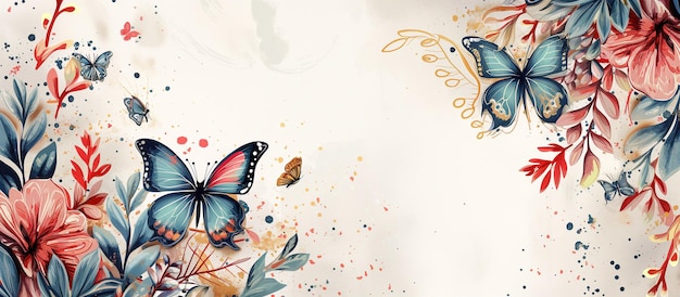 Des fleurs en fleurs et des papillons volants à l'aquarelle Beauté dans la nature