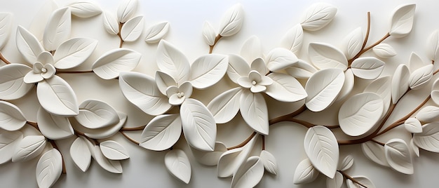 Des fleurs florales abstraites blanches, des feuilles, des carreaux 3D, une texture murale en arrière-plan.