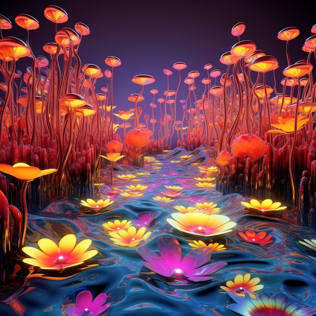 Les fleurs flottent dans un étang d'eau avec un ciel violet génératif ai