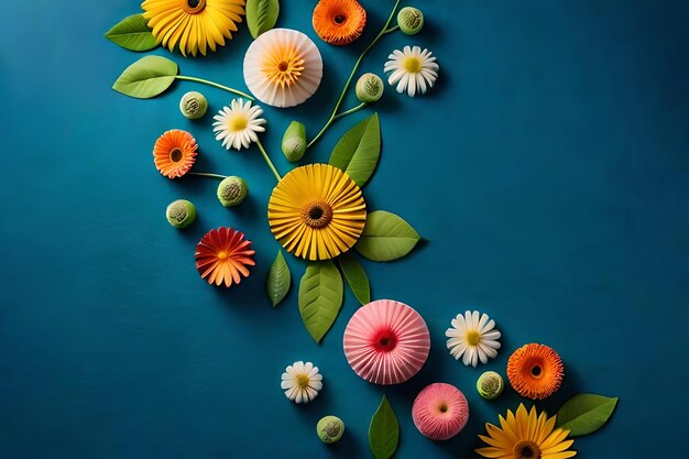 Fleurs sur fond bleu avec une tige verte