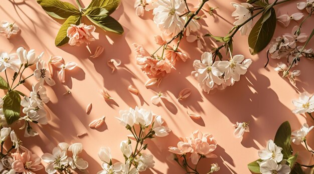 Des fleurs sur un fond de pêche au printemps à l'arrière-plan plat floral