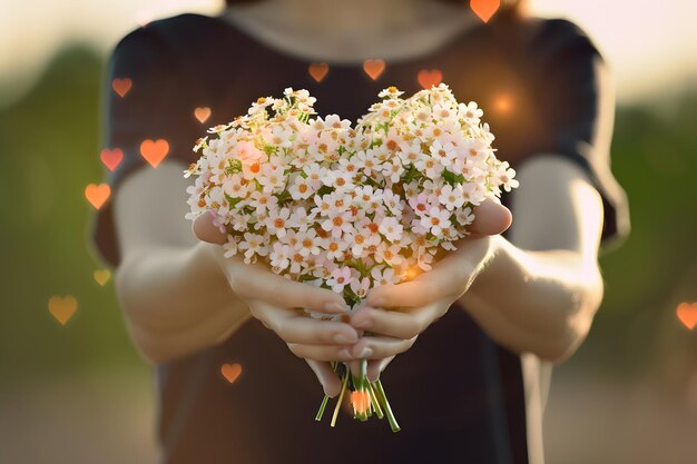 Photo des fleurs en forme de cœur dans les mains d'une femme