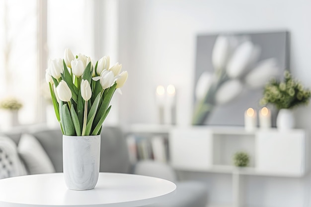 Des fleurs fraîches dans un vase blanc placées sur une petite table dans l'intérieur d'une pièce lumineuse avec des peintures en pot