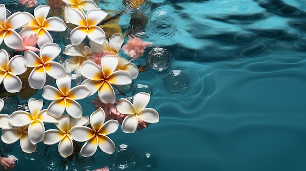 Des fleurs de frangipani tropicales sur un fond d'eau bleue