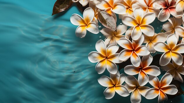 Photo des fleurs de frangipani tropicales sur un fond d'eau bleue