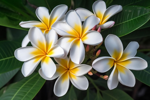 Fleurs de frangipanier blanc dans le jardin avec fond de feuilles vertes