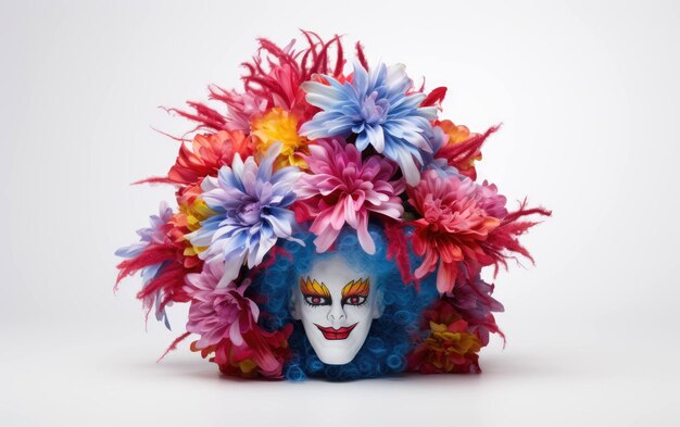 Des fleurs et des gags, des accessoires de clown sur un fond blanc.