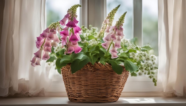 Photo des fleurs de gants de renard violets dans un panier de osier près de la fenêtre