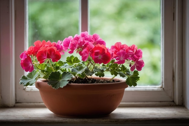 Photo des fleurs de géranium dans un pot en terre cuite près de la fenêtre