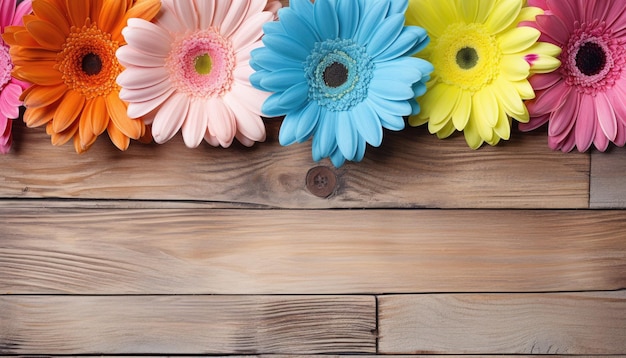 Fleurs de gerbera colorées sur un espace de fond en bois pour le texte
