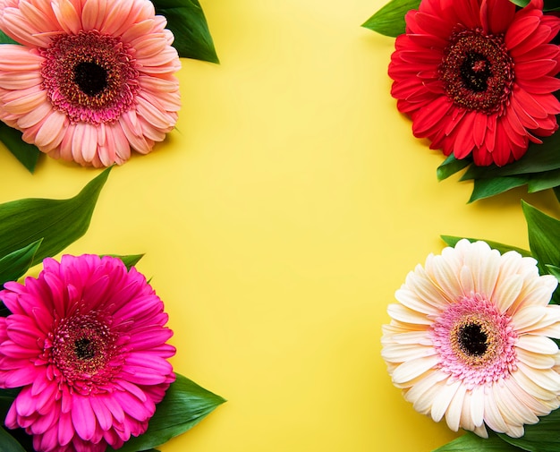 Fleurs de gerbera sur jaune. Vue de dessus