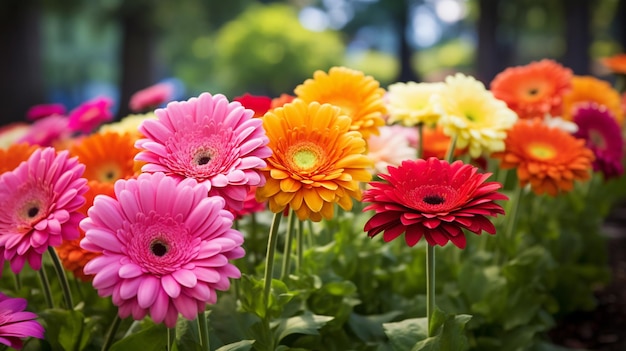 des fleurs de gerbera vibrantes dans un jardin formel coloré