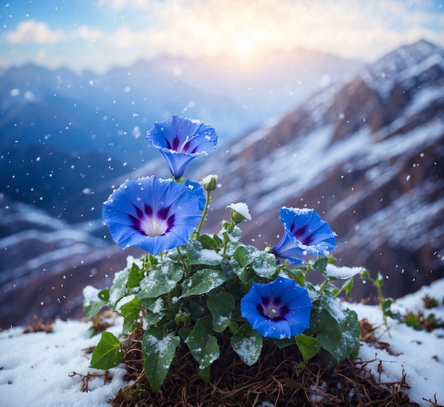 Les fleurs de la gloire du matin avec la neige dans l'Himalaya Uttarakhand Inde