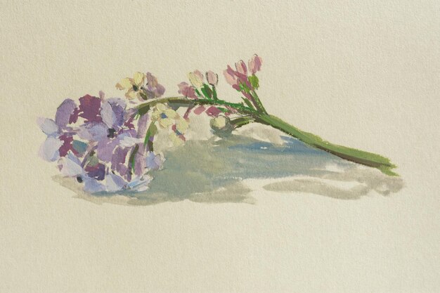 Photo des fleurs de gouache violette dessin de fleurs de lilas sur du papier d'artisanat beige de la nature fait à la main par l'auteur