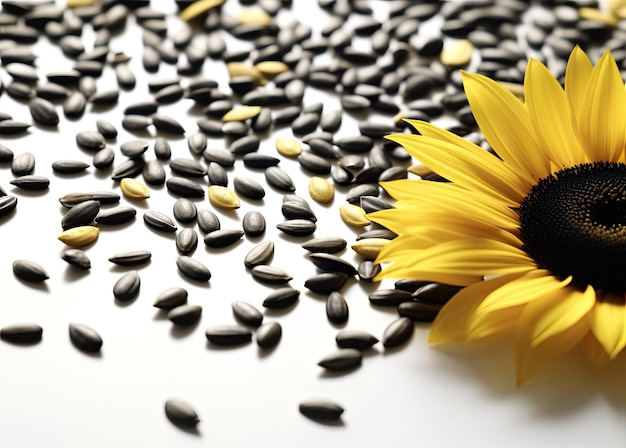 Photo fleurs et graines de tournesol sur fond blanc avec un espace pour le texte créé avec generative ai