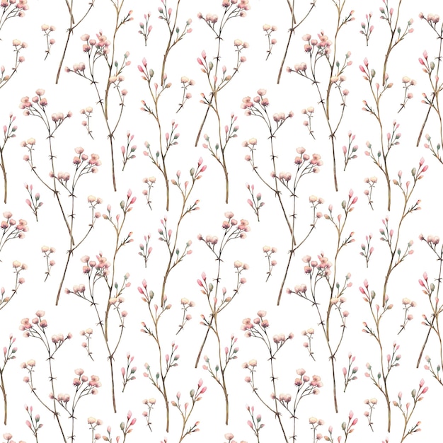 Fleurs de gypsophile, brindilles, aquarelle, motif sans couture, beige, rose pastel, fleurs et bourgeons secs de couleur