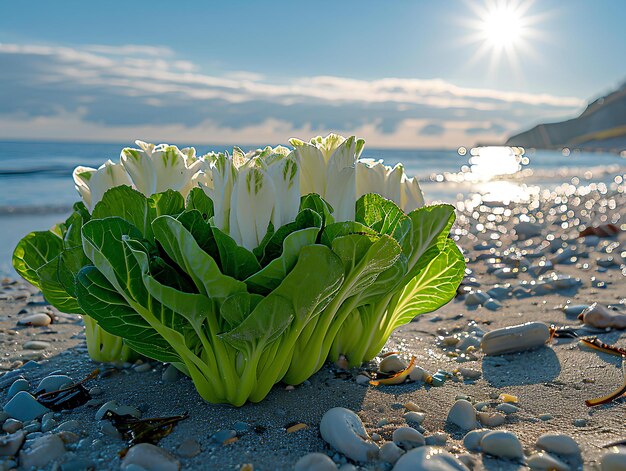 Les fleurs et l'herbe poussent sur le sable