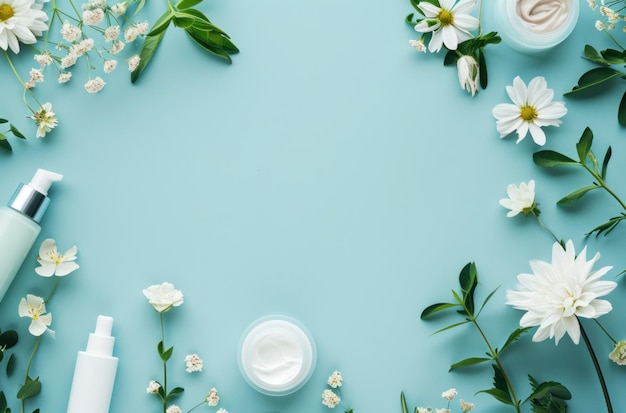 fleurs et herbes cosmétiques sur fond bleu