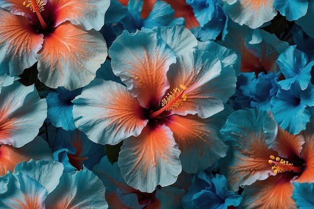 Des fleurs d'hibiscus bleues et orange vibrantes